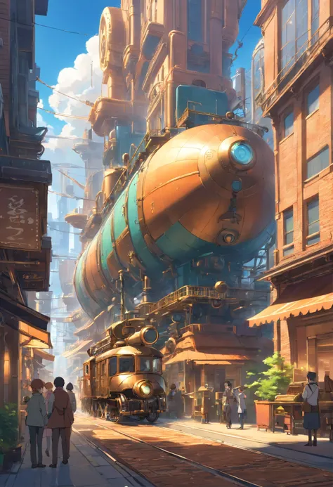 Street view of a mesmerizing hybrid world that blends the elements of steampunk and steelpunk aesthetics. The scene unveils a captivating realm where futuristic technology and Victorian-era machinery coexist in perfect harmony. The landscape is adorned wit...