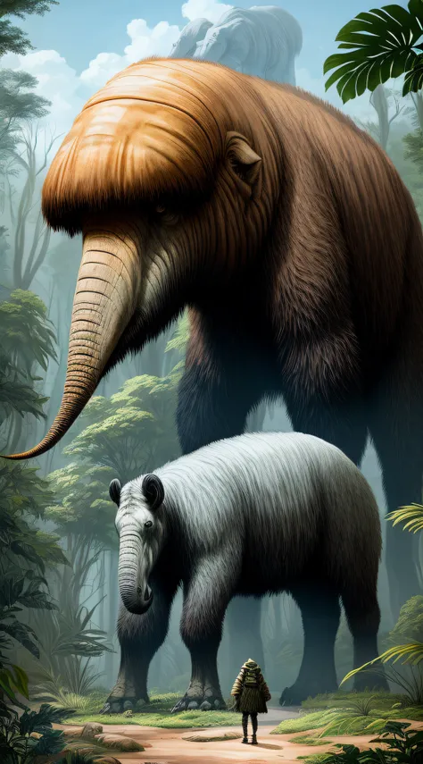 Generate an illustration of a Cyclops-like creature standing alongside a Deinotherium giganteum, highlighting their potential similarities.