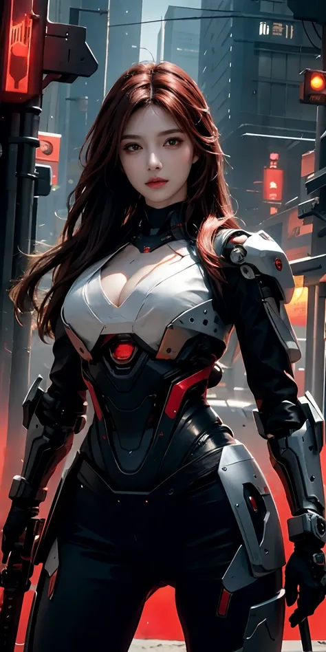 photorealistic, high resolution, soft light,1women, solo, hips up, (detailed face), red long hair, cybersamurai, cyborg, cyberpunk,  cyber armor, holding weapon,glowing,gun, beach