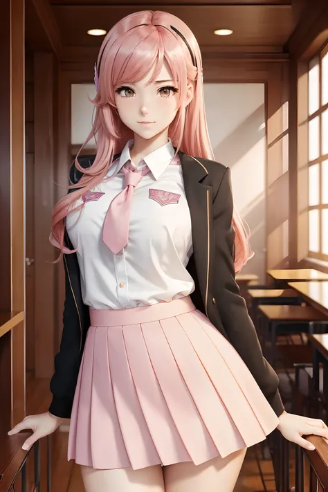 (8k, 4k, high resolution,masterpiece, best quality:1.3, anime style), 1girl, nice hands, cowboy shot, upper body, flirting, 18yo, beautiful hips, pink hair, straight hair, party hair, hazel eyes, front layers hairstyle, thick thigh, pink eyes, ((sharp focu...