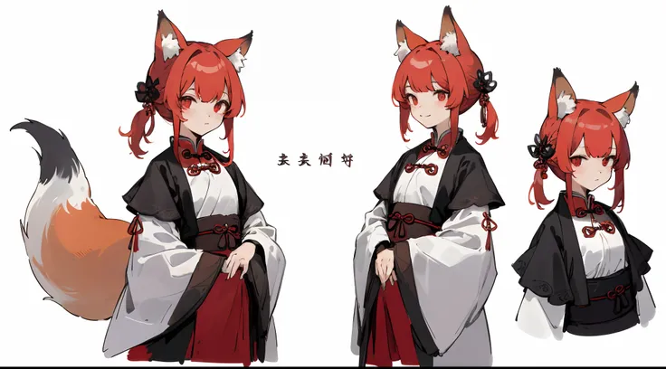 Masterpiece: 1.6, Best Quality: 1.4, Live Image: 1.2, intricate details: 1.2, Graphicsournerv2: 1.2, petite girl, Vermilion hair, Fox ears, Chinese Clothing, whitebackground (Single background, whitebackground: 1.3), multiple views, Multiple images of the ...