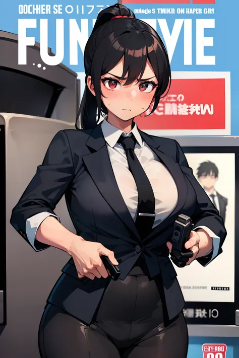 sweating, sweaty, slight tan, big boobs, tan skin, blush, black hair, ponytail, girl in a black suit holding a gun with both hands in black leather gloves, gun, black suit, man suit, tomboy, wearing tie, sfw, on train, bodyguard, movie star, gun, spy , coo...