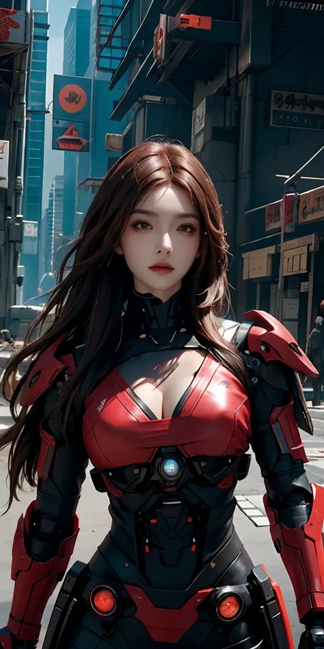 photorealistic, high resolution, soft light,1women, solo, hips up, (detailed face), red long hair, cybersamurai, cyborg, cyberpunk,  cyber armor, holding weapon,glowing,gun, beach