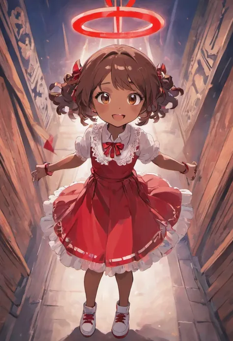 Drawing for children Black girl called elis with curly hair size with medium braid wearing red ribbon lace at the ends and white blouse with long red skirt white sneakers and big smile