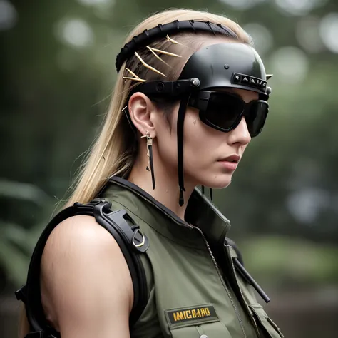 portrait of (emaciated:1.3) female jungle commando, (blonde:1.1), (sideshaved:1.35), black, (earrings, spikes, helmet, zippers sunglasses:1.2), (wet:1.2), (military gear:1.3) dark, gritty, gloomy, militaristic, (looking_at_viewer:1.3), solo, rainy, bokeh, ...