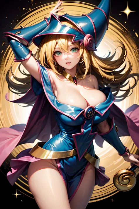 (masterpiece:1.2), (best quality:1.2), perfect lighting, Dark Magician Girl casting a spell, floating in air, big boobs, cleavage, blue robe, big hat, from above, sparkles, yugioh card in the background