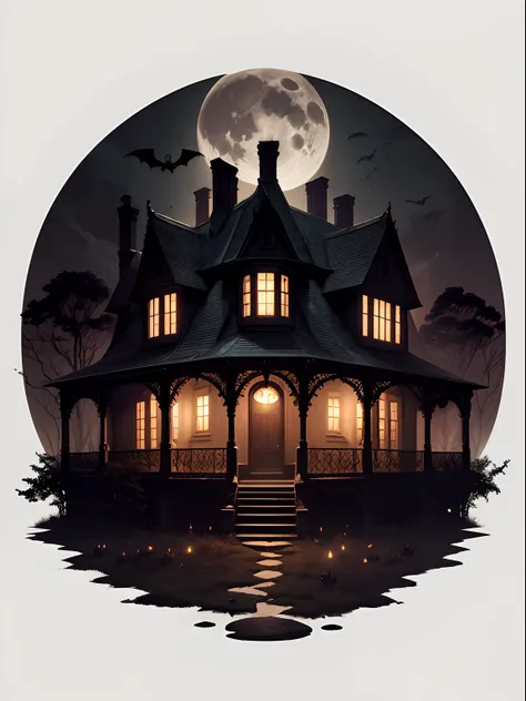 Isolated upper view, Create an eerie, moonlit scene of an old, abandoned mansion on Halloween night. The house should be overgrown with ivy, and there should be a full moon casting long shadows. Include a few glowing jack-o-lanterns on the porch and an owl...