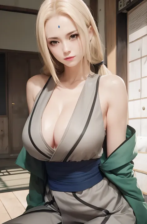 (upper body), 1 woman, tsunade senju, long hair, blonde hair, brown eyes, eye details, blue mark on forehead, white kimono, green jacket, blue belt, big breasts, realistic, ultra hd, 70mm lens.