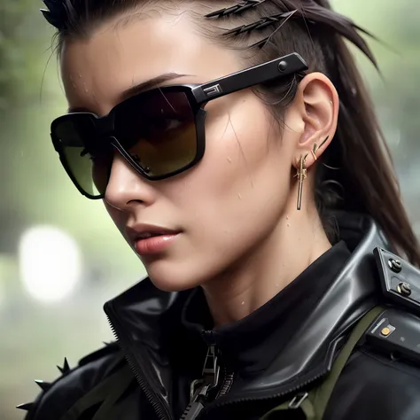 portrait of (emaciated:1.3) female jungle commando, (blonde:1.1), (sideshaved:1.35), black, (earrings, spikes, helmet, zippers sunglasses:1.2), (wet:1.2), (military gear:1.3) dark, gritty, gloomy, militaristic, (looking_at_viewer:1.3), solo, rainy, bokeh, ...