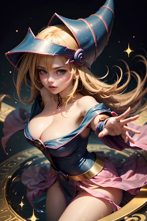 (masterpiece:1.2), (best quality:1.2), perfect lighting, Dark Magician Girl casting a spell, in her twenties, floating in air, big boobs, cleavage, blue robe, big hat, from above, sparkles, yugioh card in the background