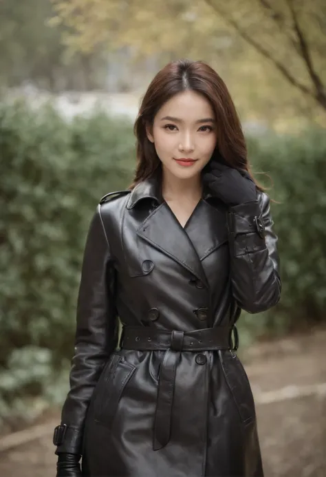 Black Leather Trench Coat　Underneath is a blazer　Black leather gloves　The upper part of the body　Japan smiling girl black leather