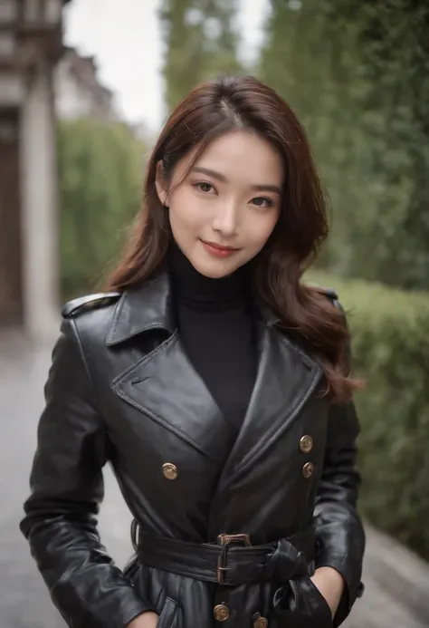 Black Leather Trench Coat　Underneath is a blazer　Black leather gloves　The upper part of the body　Japan smiling girl black leather