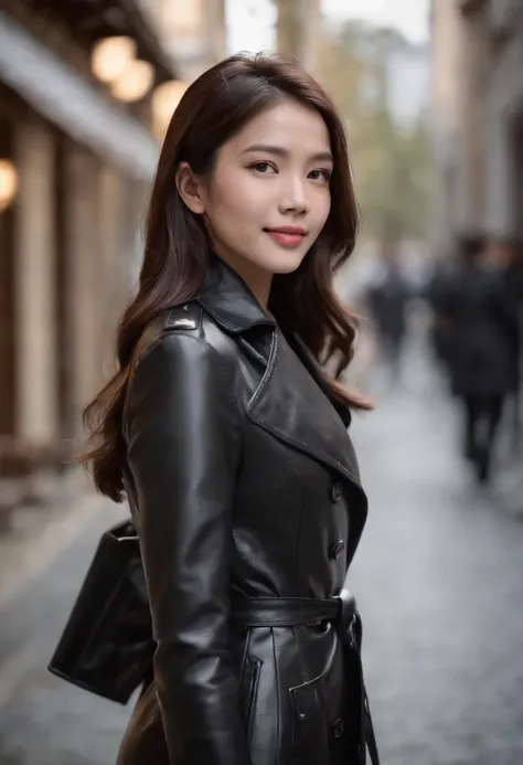 Black Leather Trench Coat　Underneath is a blazer　Black leather gloves　The upper part of the body　Japan smiling girl black leather