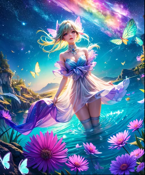 Cute girl character describes a scene lying on water with grassy butterflies flying around, Looking up at the starry sky. Surround her with colorful nebulae and her favorite constellations.