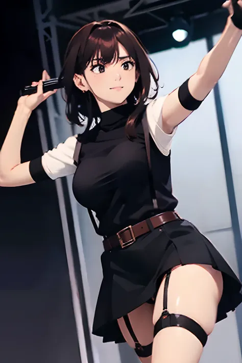 Black skirt, 　suspenders, Brown hair Gray eyes, Garter belt on the legs, Tight black clothes, 　　 a belt　Armpit sweat　　Dark look　Moderately breasts　holster　chain　　poneyTail　Water wetting