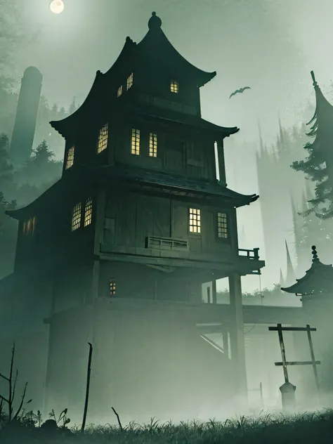 Hidden deep within the dense, misty forest, a Halloween-style haunted Japanese house emerges from the shadows. The eerie, moonlit night shrouds it in an otherworldly aura, casting long, ominous shadows across the ancient, moss-covered wooden structure. The...