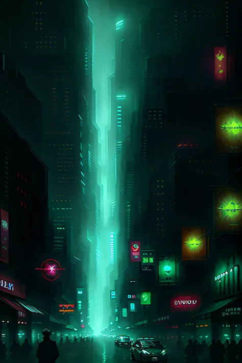 dark city background digital art, realistic painting, trends on artstation detailed, super high, green, ads