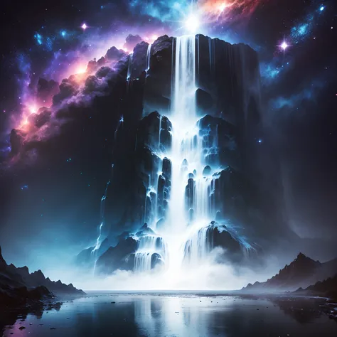 universe background, waterfall, wide shot, abstract art