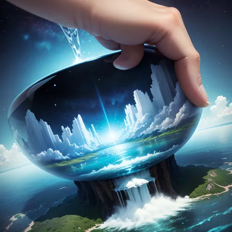 tiny floating world, universe background, isometric, water spilling from egde into abyss, wide shot