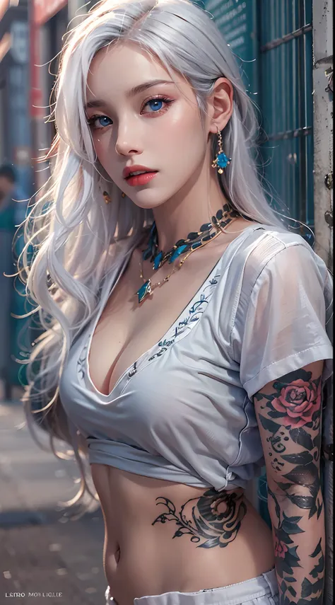 photorealistic, high resolution, soft lights, 1women, 25 years old, solo, hips up, blue eyes, white hair, long hair, jewelry, tattoo, street wear