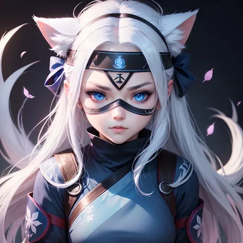 Ninja girl portrait, beatiful blue eyes, ultra detailed eyes, blush, white hair, white mask, face covering white mask, 8k, masterpiece, dark background, magic symbols , neko ears, forehead symbol, sakura leaves