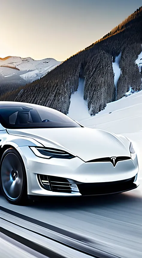 Satin white Tesla Model S, snowy landscape, driving down mountains