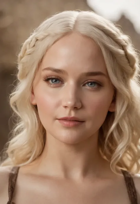 photo mid shot solo portrait of [Jennifer Lawrence] as [Daenerys Targaryen] as a real-life version of (Daenerys Targaryen), targaryen blonde hair, with (sexy dress), (sexy neckline), charming smile, by Hubert Robert and Alex Timmermans ultra realistic high...