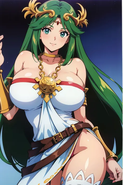 1990s anime cels style, 1990s manga style, best quality, high resolution, 1girl, (huge breasts:1.2), Beautiful face, smile, hmpa1, palutena, parted bangs, tiara, large breasts, necklace, bare shoulders, strapless dress, vambraces, belt, white dress, white ...