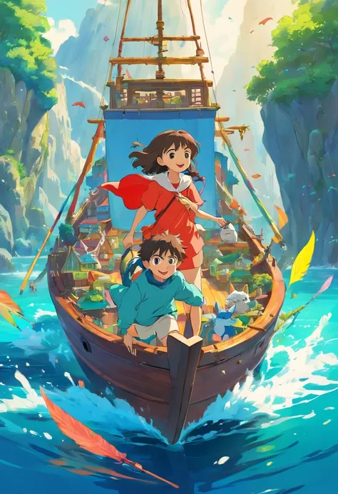 a cartoon picture of a girl and a boy riding on a boat, a beautiful artwork illustration, colorful illustration, colorful kids book illustration, colorfull illustration, archan nair, painterly illustration, fairy-tale illustration style, editorial illustra...