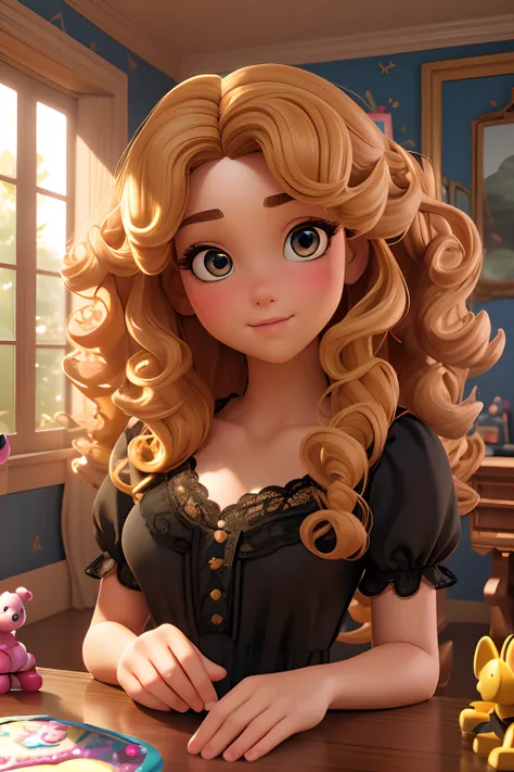 （Masterpiece),((High quality)),(best beautiful:1.2),(artwork of a),(3D stereoscopic face),8K,(Disney),A girl with a beautiful face,Yellow curly hair,faint blush,Wearing a black top with lace,In a room full of toys,Her eyes are focused on the camera,Backgro...