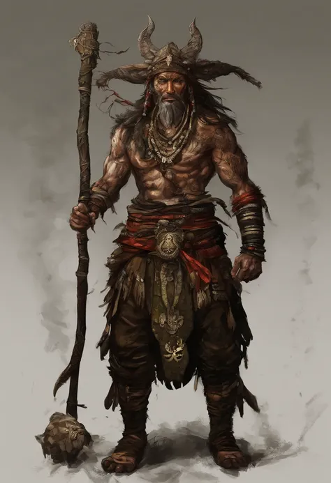 An Asian male leader with an animal bone on his head and blowpipe, Raues Hautbild，Die Haut ist gelb，Tragen Sie Jade um die Taille，Fantasy-Charakter-Konzept, Komplexer Fantasy-Charakter, Heroisches Fantasy-Charakterkonzept, RPG-Konzeptzeichnungscharakter, w...