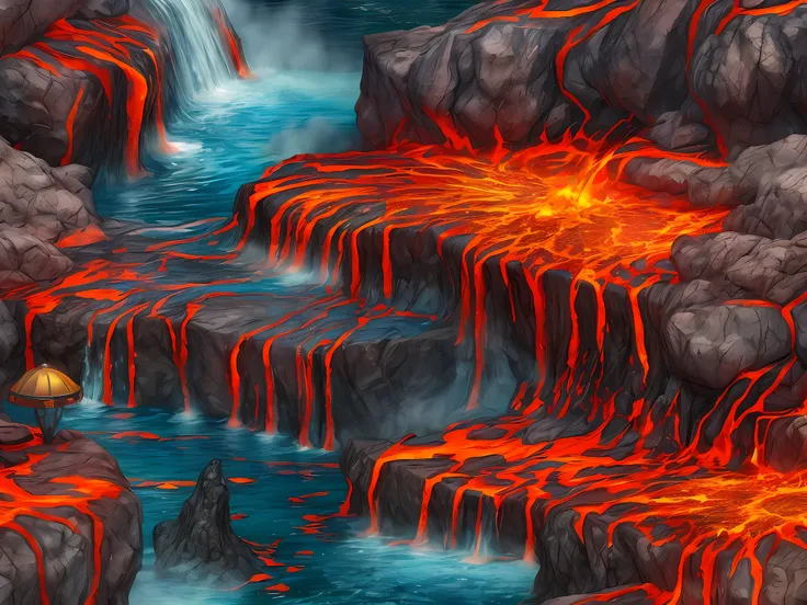 fantasy art, RPG art, an picture of an epic sized waterfall in the volcano at midday , an (epic sized waterfall: 1.3), water coming down from a volcanic cliff,  multi level water falls, several pools created in different levels, forming new waterfalls, wat...