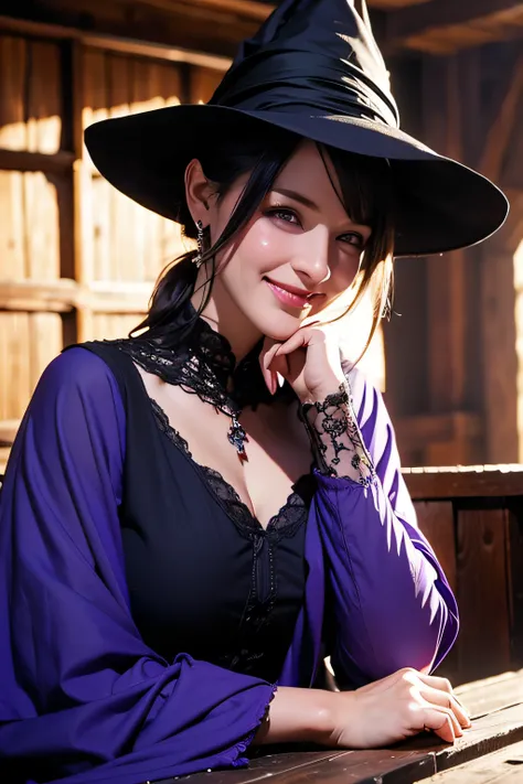 beautiful witch female, With short black hair, Purple eyes, Big Bust, Dressed witchs clothes, Sitting in a tavern and smiling, Realistic, Full-HD, Best Quality