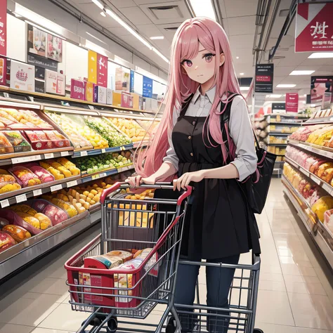 A long pink hair，red color eyes，A woman of about 20 years old，conservativelydressed，Push the trolley，Seems a bit rushed，at supermarket