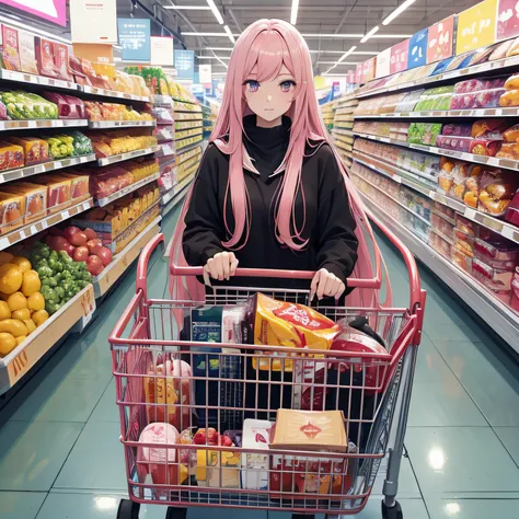 A long pink hair，red color eyes，A woman of about 20 years old，conservativelydressed，Push the trolley，Seems a bit rushed，at supermarket