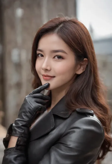 Over the blazer uniform、Black Leather Trench Coat　　Black leather gloves　The upper part of the body　Japan smiling girl black leather