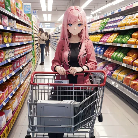 A long pink hair，red color eyes，A woman of about 20 years old，conservativelydressed，Push the trolley，Seems a bit rushed，at supermarket