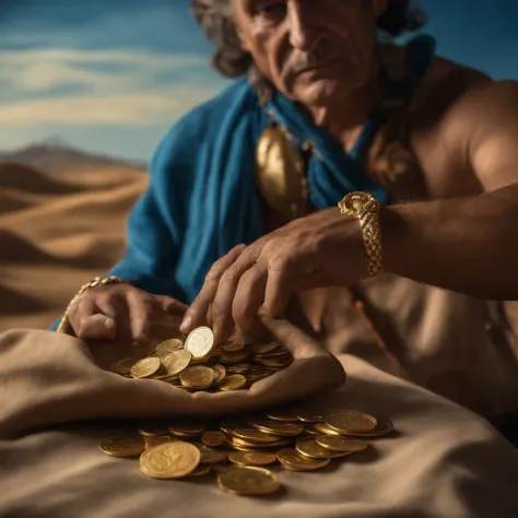 A man in blue holding a stoneage pouch of leather with gold coins, FHD, ultrarealistic, world building, ((by salvador dali, by nolan)) Cinematic, dynamic, vibrant