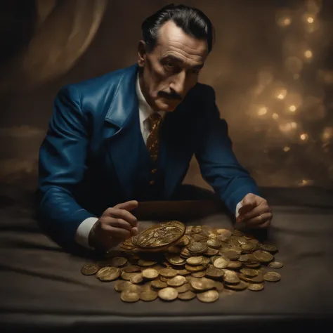 A man in blue holding a stoneage pouch of leather with gold coins, FHD, ultrarealistic, world building, ((by salvador dali, by nolan)) Cinematic, dynamic, vibrant