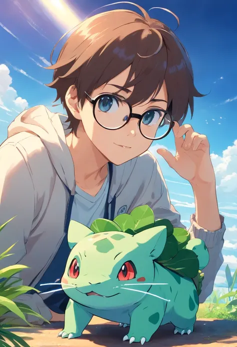 Garoto, gordo, oculos, com bulbasaur