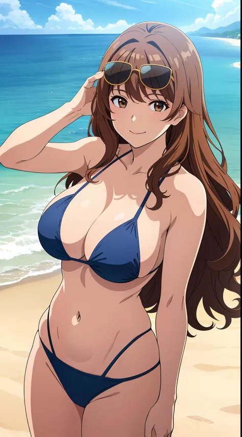 (best quality:1.5, highres, UHD, 4K, detailed lighting, shaders), brown medium hair, wavy hair, large breasts, bikini, sunglasses, smiling, (close shot), beach background