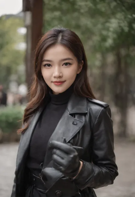 Over the blazer uniform、Black Leather Trench Coat　　Black leather gloves　The upper part of the body　Japan smiling girl black leather