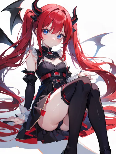 Red hair,Blue eyes,Twintails, Long hair, Solo, Loli, Black stockings,{{Best quality}}, {{Masterpiece}}, {{Ultra-detailed}}, {illustration}, {Detailed light}, {An extremely delicate and beautiful},Little girl,Cute,Succubus, demon,Horns