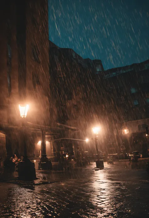 photography taken from third floor of a square, stone paved, under heavy rain, with a streetlamp throwing some rays of light around