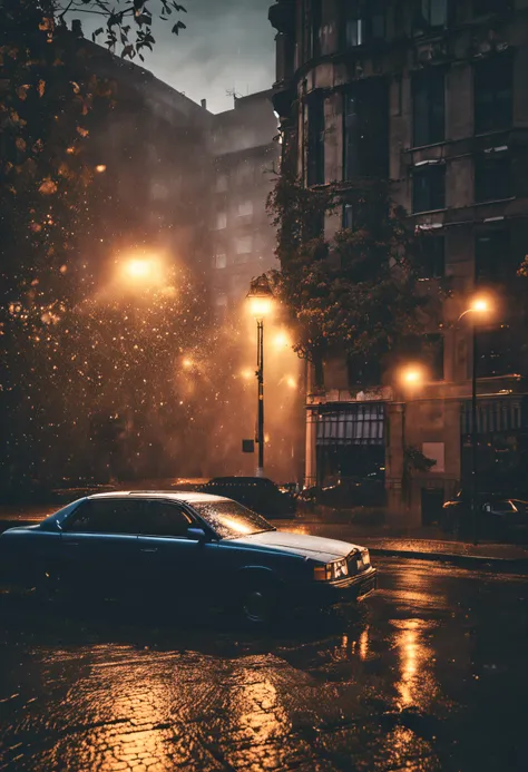 photography taken from third floor of a square, stone paved, under heavy rain, with a streetlamp throwing some rays of light around