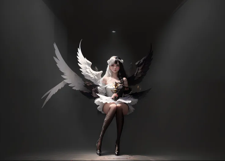 (masterpiece:1.3),(best quality:1.2),8k,absurdres,unity 8k wallpapper,(extremely detailed:1.3),highestres, 1girl, ,heterochromia, white hair, black hair, split theme, angel,devil,wings,