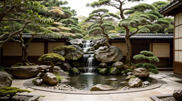 A tranquil, zen-like waterfall in a minimalist Japanese garden, carefully raked gravel and bonsai trees nearby, a sense of calm and contemplation, Paperwork, intricate origami paper sculpture, delicate folds and precision