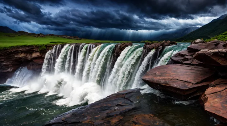 A thunderous waterfall in a rugged, mountainous terrain, stormy skies overhead, the water crashing onto sharp rocks below, a feeling of raw power and danger, Sculpture, carved from marble, capturing the dynamic motion of water