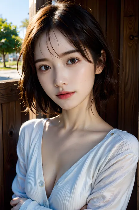 1girl, best quality, realistic, solo, depth of field, natural lighting, daytime, alluring, beautiful face, clean, pure face, pale skin, cute, short hair, beach, sunshine,flat chest, tiny breast, full body, ((sweater,beautfully face)),