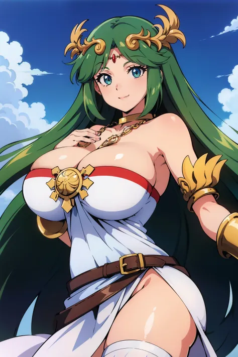 1990s anime cels style, 1990s manga style, best quality, high resolution, 1girl, (huge breasts:1.2), Beautiful face, smile, hmpa1, palutena, parted bangs, tiara, large breasts, necklace, bare shoulders, strapless dress, vambraces, belt, white dress, white ...